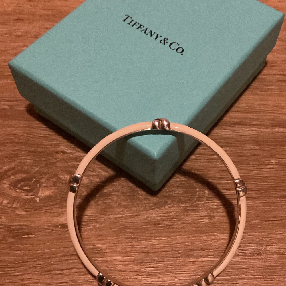 Authentic Rare Tiffany & Co. Signature 5X White Enamel Narrow Bangle Bracelet